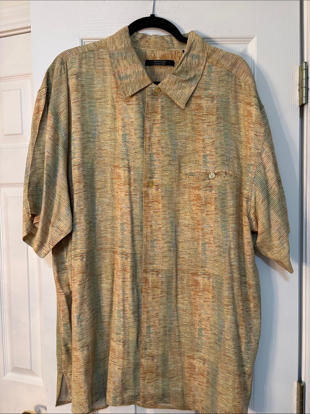 Michael Brandon Short-Sleeve Button-Down in Beige and Green Stripes